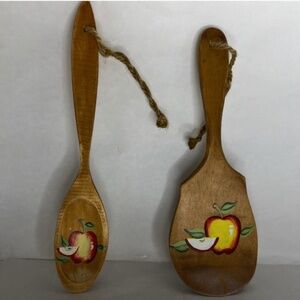2 Vintage Kitchen Folk Art Decor Hand Carved/Painted Apple WallArt Wooden Spoons